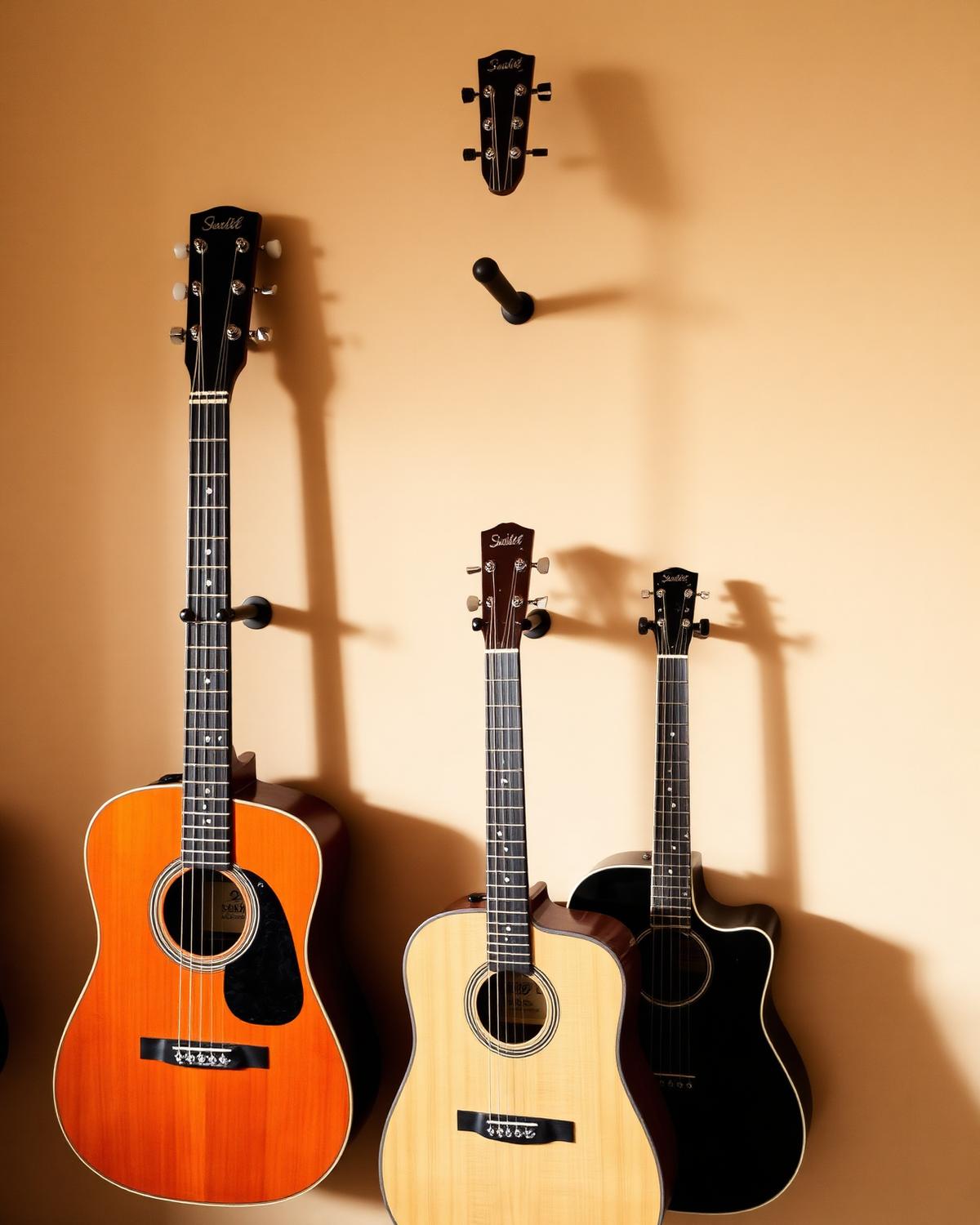 Violões clássicos e acústicos na parede de madeira da sala