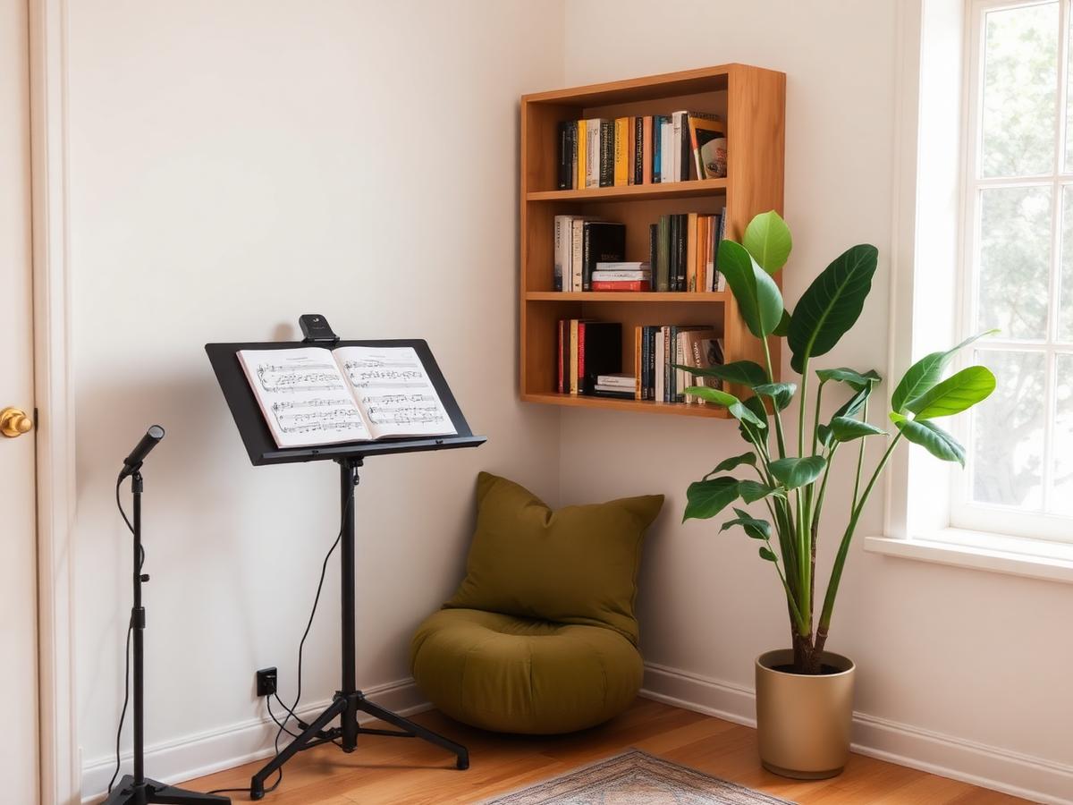 Canto da sala com estante de madeira, partituras e plantas