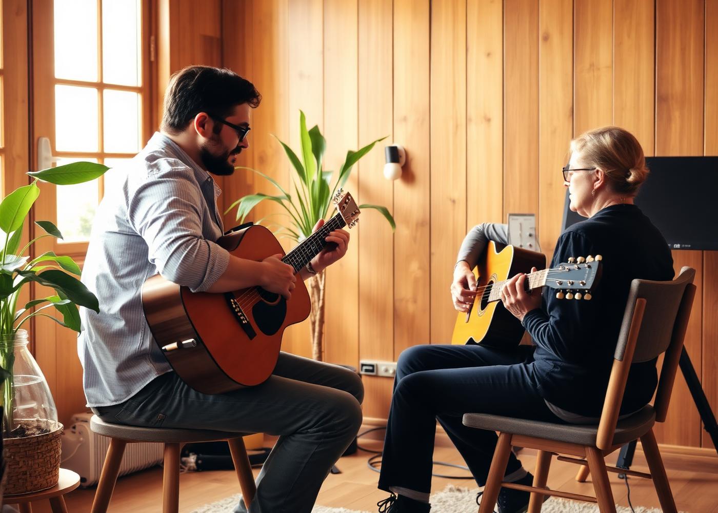 Professor ensinando violão individualmente em sala acolhedora